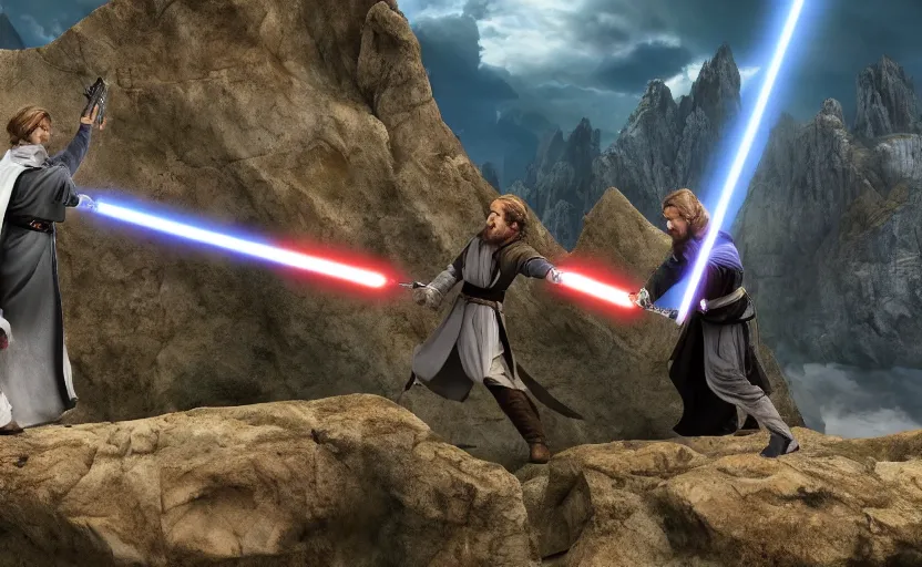 Image similar to anakin skywalker and obi wan kenobi engaging in an epic duel on a cliffside, epic, fantasy artwork, intense, cinematic, raytracing, dynamic lighting, 4 k