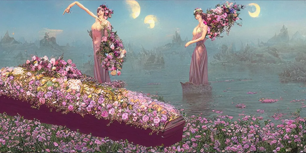 Image similar to an elaborate floating coffin adorned with flowers, evening, fantasy, regal, intricate, detailed matte painting by moebius