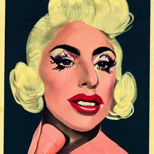 Image similar to Lady Gaga portrait, color vintage magazine illustration 1950