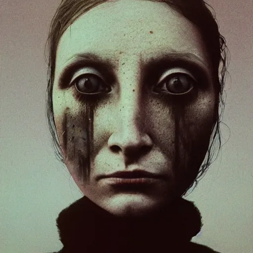 Image similar to woman face staring, portrait, flash photograph, fisheye, by Zdzislaw Beksinski