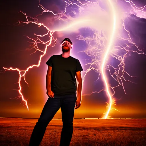 Image similar to man + tesla coil lightning, photo, detailed, 4 k