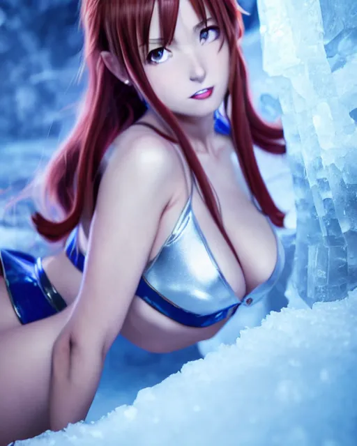 Image similar to pinup photo of asuna from sao in ice dungeon, asuna by a - 1 pictures, by greg rutkowski, gil elvgren, enoch bolles, glossy skin, pearlescent, anime, very coherent, maxim magazine, 3 d, vray, unreal 5, octave rendey, maya, cgsociety, dslr