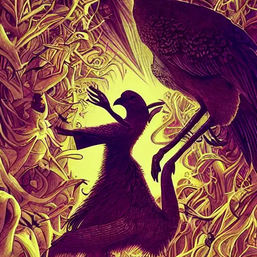 Image similar to white crow bringing rabbit leg to a occult witch by android jones and m. c. escher collaboration, futurist, digital art, dramatic lighting