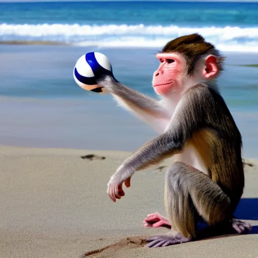 Prompt: monkey playing with beach ball at the beach,