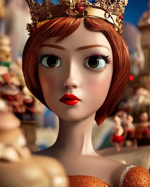 Image similar to closeup face profile portrait of a tin toy fairytale princess wearing a crown eating cakes, bikini, depth of field, zeiss lens, fashion photoshoot by max fleischer, breathtaking, detailed and intricate environment, 8 k resolution, extremely detailed, beautiful, establishing shot, artistic, hyperrealistic, octane render