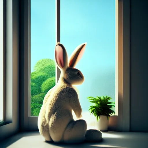 Image similar to beautiful peaceful dreamy painting of a big bunny sitting by a window and looking outside, sunshine coming through the window, small plants on the window sill, 8k, hyper realism, trending on artstation, octane render