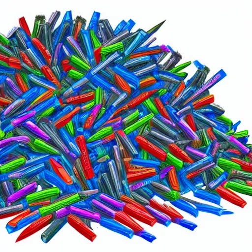 Prompt: a huge pile of plastic pens have fallen, realistic shaded