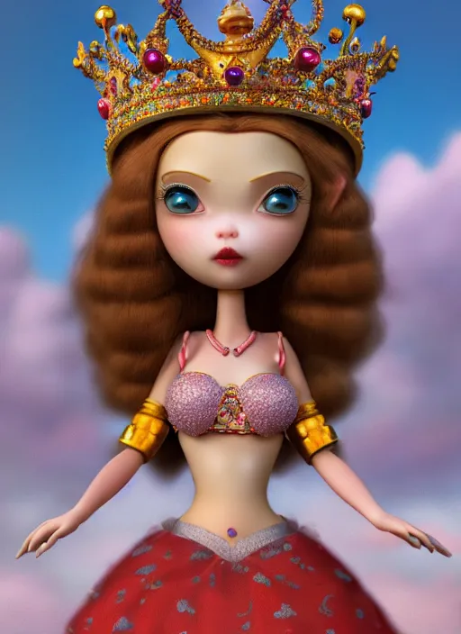 Image similar to highly detailed closeup, profile portrait of a tin toy fairytale princess wearing a crown, bikini, unreal engine, nicoletta ceccoli, mark ryden, earl norem, lostfish, global illumination, detailed and intricate environment