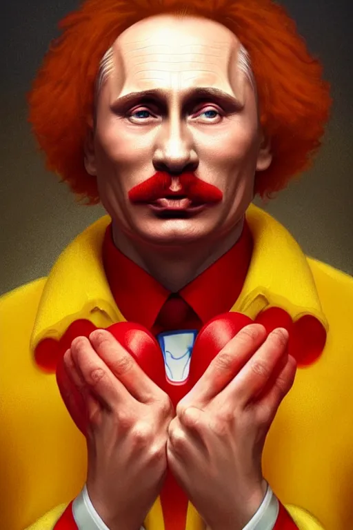 Image similar to vladimir putin as ronald mcdonald, 2 d portrait, symmetrical, highly detailed, digital painting, artstation, concept art, smooth, sharp focus, illustration, cinematic lighting, art by artgerm and greg rutkowski and alphonse mucha