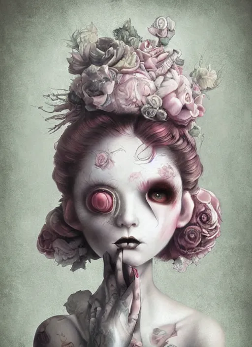 Image similar to pop surrealism, lowbrow art, realistic cute bride ghost girl painting, japanese street fashion, hyper realism, muted colours, rococo, natalie shau, loreta lux, tom bagshaw, mark ryden, trevor brown style,