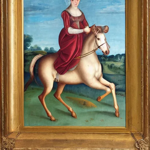 Prompt: a 1 8 th painting of a giovanna d'arco while is riding a horse, wide shot,