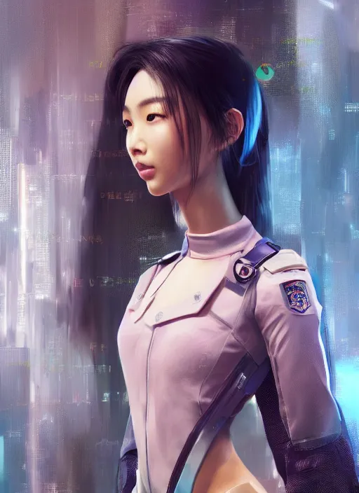 Prompt: portrait of angelababy, futuristic hong kong police uniform girl, au naturel, hyper detailed, digital art, trending in artstation, cinematic lighting, studio quality, smooth render, unreal engine 5 rendered, octane rendered, art style by klimt and nixeu and ian sprigger and wlop and krenz cushart