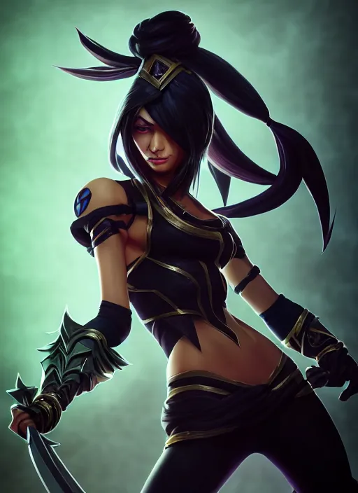 Image similar to dark akali, from league of legends, holding silver daggers, ninja costume, hyper detailed, digital art, trending in artstation, cinematic lighting, studio quality, smooth render, unreal engine 5 rendered, octane rendered, art style by klimt and nixeu and ian sprigger and wlop and krenz cushart