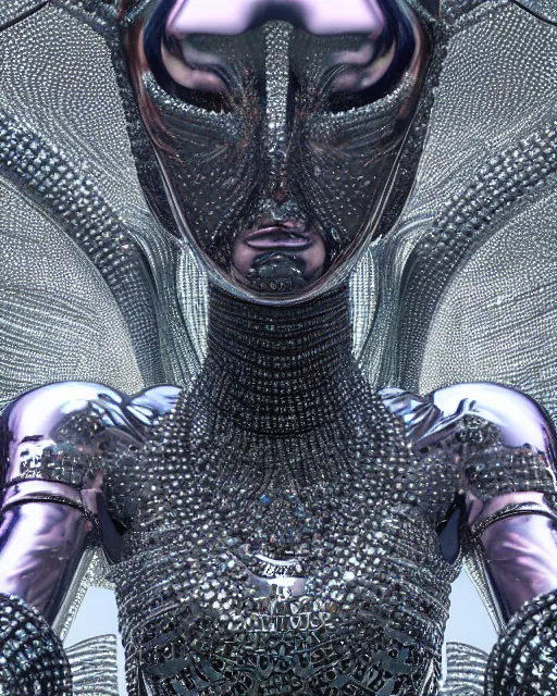 Image similar to a highly detailed metahuman 4 k close up render of an alien goddess bella hadid monument in iris van herpen armor schiaparelli in diamonds crystals swarovski and jewelry iridescent in style of alphonse mucha gustav klimt trending on artstation made in unreal engine 4