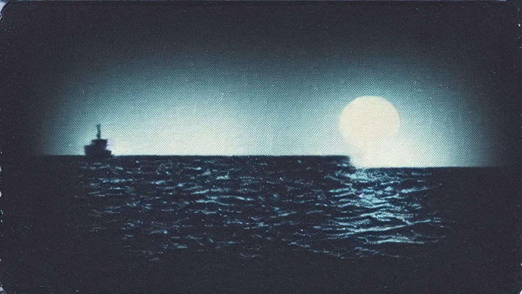 Prompt: haunted VHS glitch polaroid of a distant ferry sailing through deep blackness. strange perspective, depths, Ethereal lighting. Nighttime setting with the moon reflecting off the water