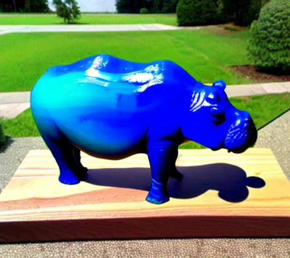 Image similar to a sculpture of hippo baby, bottom half wood!!!!! carved, top half blue translucid resin epoxy, cubic blocks, side view centered, studio