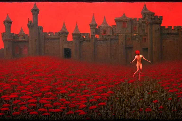 Image similar to only with red, red flowers of different types, a red tiger, a castle in the background, medieval demons dance over the flowers, an ancient path, in the style of beksinski, part by hopper, part by rodcenko, part by hofbauer, intricate composition, red by caravaggio, insanely quality, highly detailed, masterpiece, red light, artstation