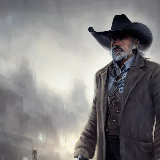 Prompt: portrait of a man with a long duster, grey hair and a cowboy hat walking in a western town, hard good looking face, middle aged, drawn by Ruan Jia, fantasy art, dramatic lighting, digital art, 8k, highly detailed