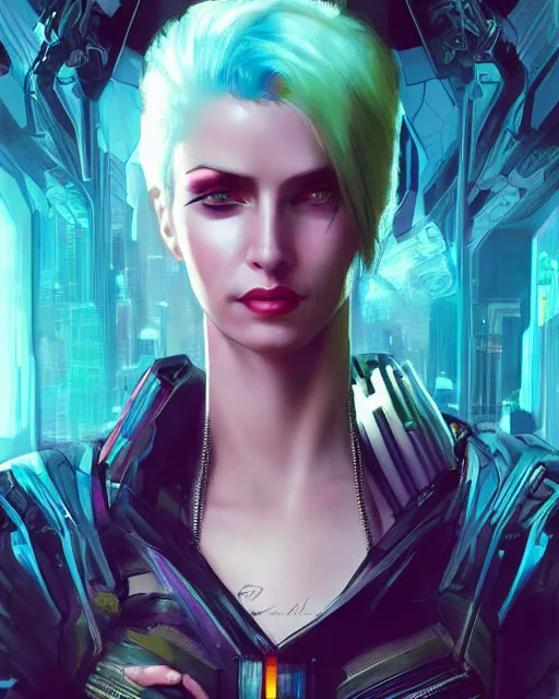 Image similar to a stunning portrait of a cyberpunk queen. she has short neon colored hair and blue eyes. she's a cyberpunk 2 0 7 7 character. digital art by frank frazetta and julie bell, medium shot portrait, highly detailed, trending on artstationhq