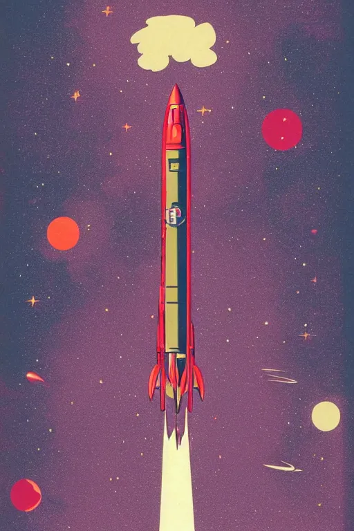 Image similar to poster of rocket flying through space, 1 9 5 0 s style, futuristic design, dark, symmetrical, washed out color, centered, art deco, 1 9 5 0's futuristic, glowing highlights, intense