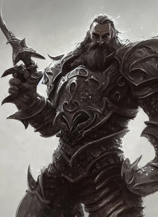 Prompt: a highly detailed illustration of furious rough bearded paladin wearing worn down silver armor, standing heroically war cry pose, intricate, elegant, highly detailed, centered, digital painting, artstation, concept art, smooth, sharp focus, league of legends concept art, WLOP
