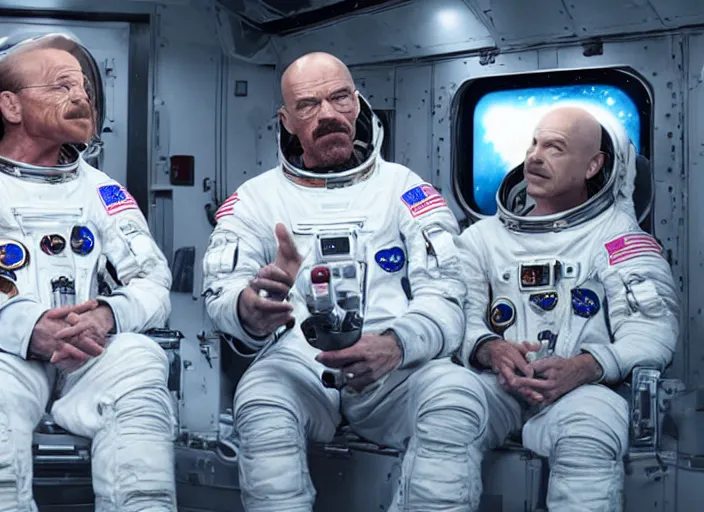 Prompt: Among Us Crewmate astronaut talking with Walter White, movie screenshot, detailed, realistic, clean composition