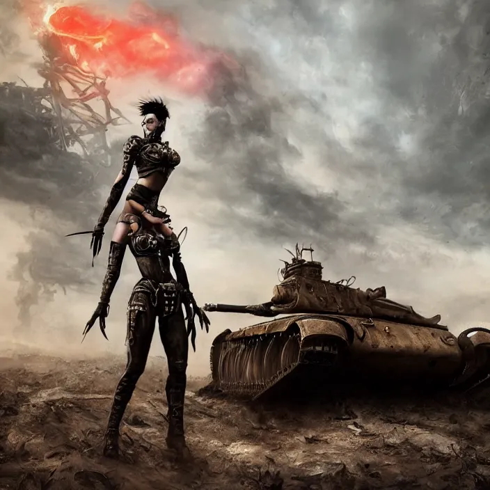 Prompt: beautiful apocalyptic woman with mohawk, standing on mad max panzer tank, hyper-detailed, smooth, sharp focus, 4k ultra hd, fantasy dark art, tank girl, artgerm, artstation, octane render, elegant, detailed digital painting, apocalyptic art, Francis bacon, unreal engine, depth map