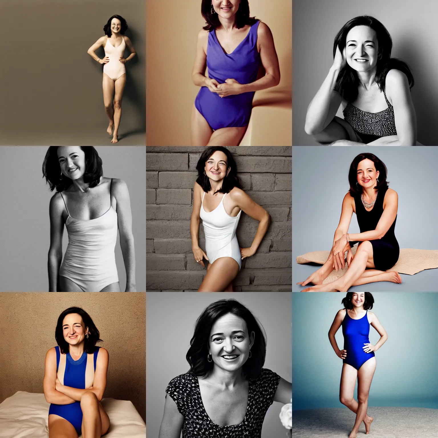 Prompt: Photo of Sheryl Sandberg in swimsuit, soft studio lighting, photo taken by Eric Lafforgue for Abercrombie and Fitch, award-winning photograph, 24mm f/1.4