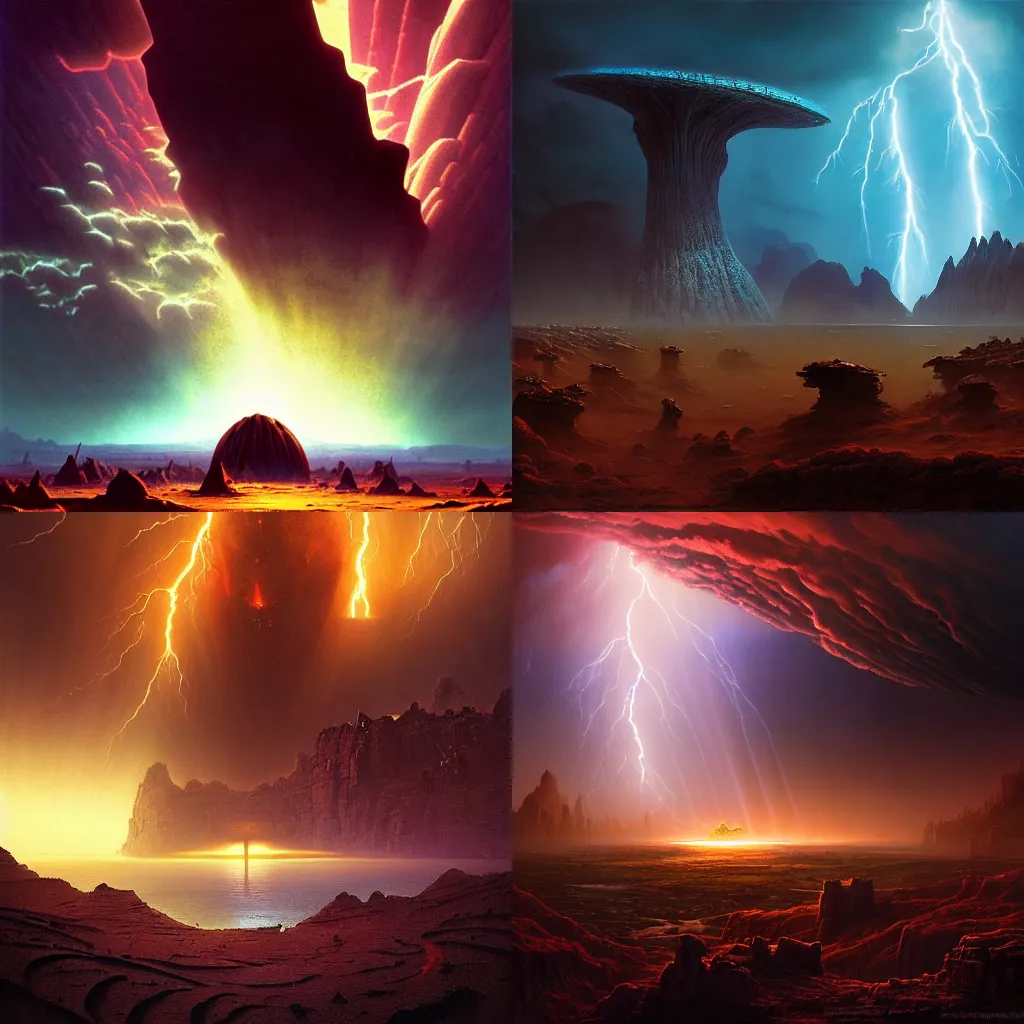Prompt: an epic colossal scene in a forgotten ancient city of demigods from the exoplanet Gliese 581c on a harsh alien desert day under UV sun, by Nathan Dane Clarke, by Bruce Pennington, masterpiece, cinematic composition, aesthetic, dynamic, beautiful, detailed, beautiful lighting, stormy weather, thunder, dark clouds, heavy rain, 8K, no frames, rtx on