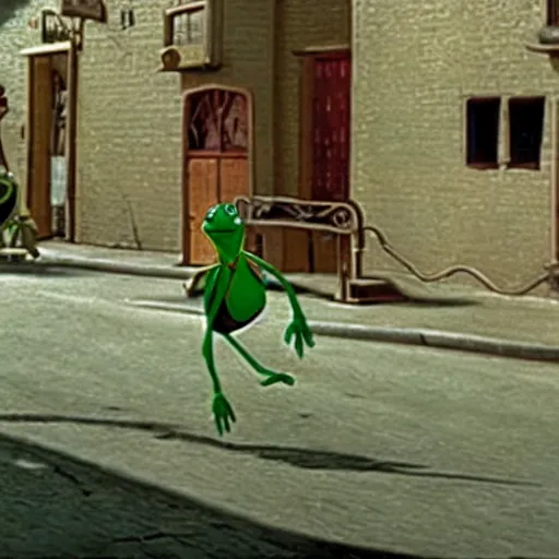 Image similar to A film still of Kermit the frog in The Triplets of Belleville (2003)