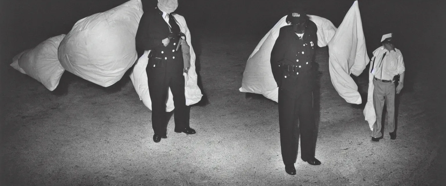 Prompt: weegee style telephoto photograph highly detailed of a a uniformed policeman circa 1 9 5 0 standing over a white body bag at night lit by street lamps and headlights.