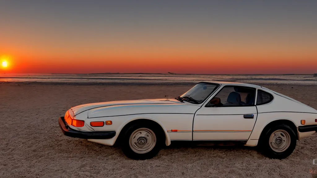 Image similar to synthwave datsun 2 4 0 z at sunset, on the beach, 8 k. filling of the view