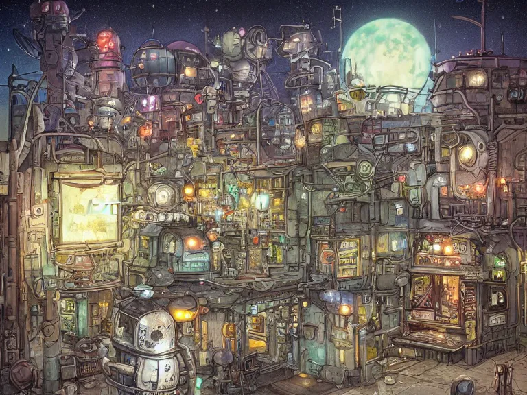 Image similar to fantasycore street view of futuristic machinarium tokyo at night by michael whelan and naomi okubo and dan mumford. cute ver.ka mecha machinarium robots. cel-shaded. glossy painting.