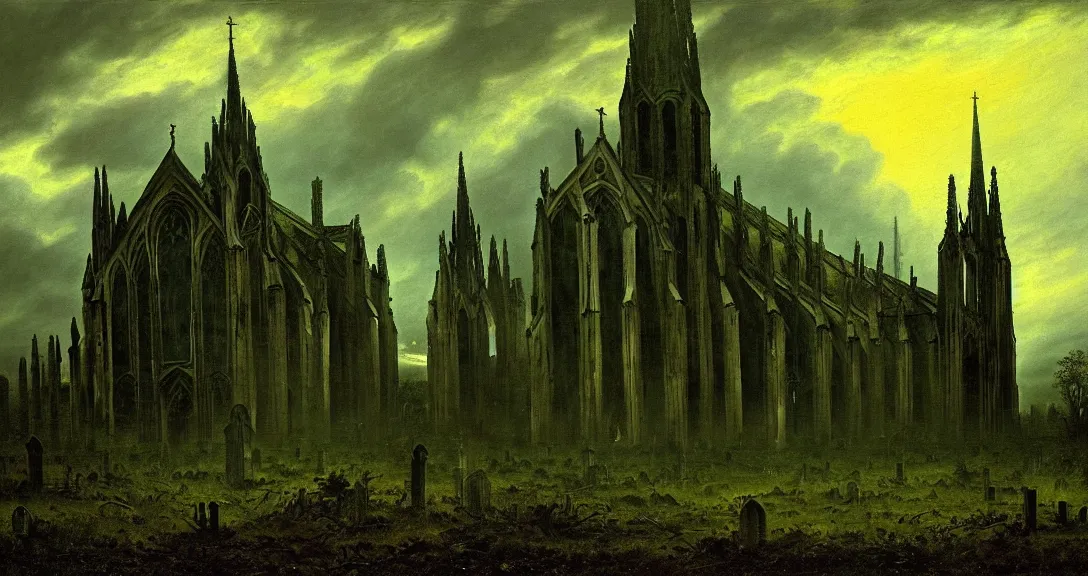 Image similar to a painting of an abandoned gothic cathedral in the middle of a graveyard by caspar david friedrich, dark, horror, volumetric lighting, ash falling, dusk, storm clouds in the distance