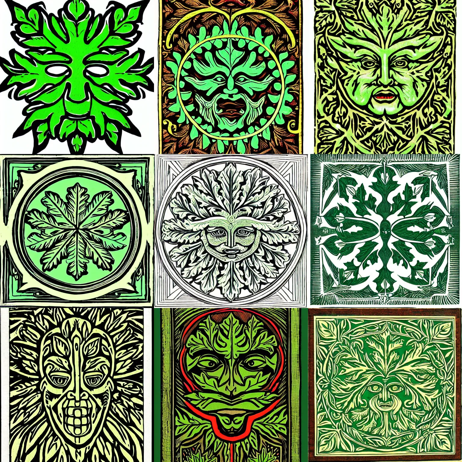 Prompt: a symmetrical green man design, coloured woodcut, oak leaves, highly detailed