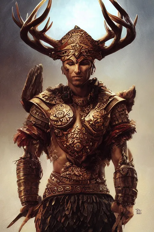 Image similar to portrait of the warrior wearing the epic artifact headgear deer god\'s helmet by artgerm and Craig Mullins, James Jean, Andrey Ryabovichev, Mark Simonetti and Peter Morbacher 16k