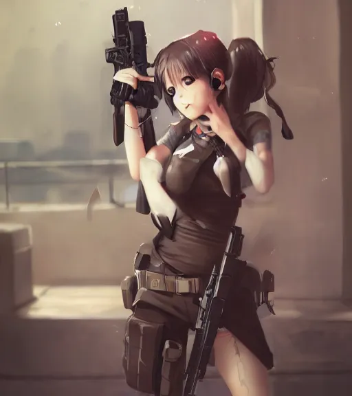 Image similar to cute girl wearing a gun on her back, by wlop, rain, poster, anime key visual, artstation