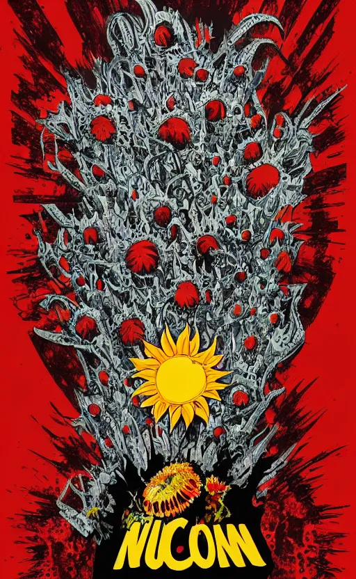 Image similar to 8 k cursed with necronomicon horrorcore cel animation poster depicting sunflowers spattered with blood, intricate, metropolis, 1 9 5 0 s movie poster, post - processing, vector art