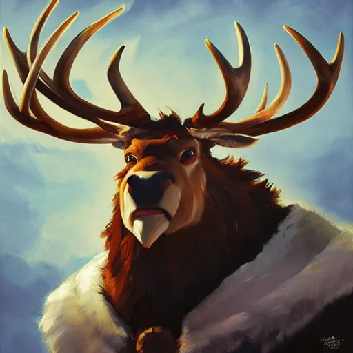 Image similar to greg manchess portrait painting of sven reindeer from frozen as overwatch character, medium shot, asymmetrical, profile picture, organic painting, sunny day, matte painting, bold shapes, hard edges, street art, trending on artstation, by huang guangjian and gil elvgren and sachin teng