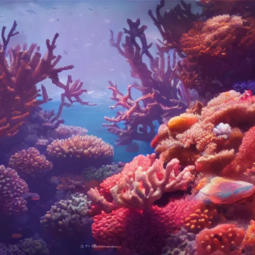 Image similar to beautiful coral reef photorealistic painting, wlop, concept art, octane render, deviantart, greg rutkowski, cinematic, artstation, key art, hyperrealism