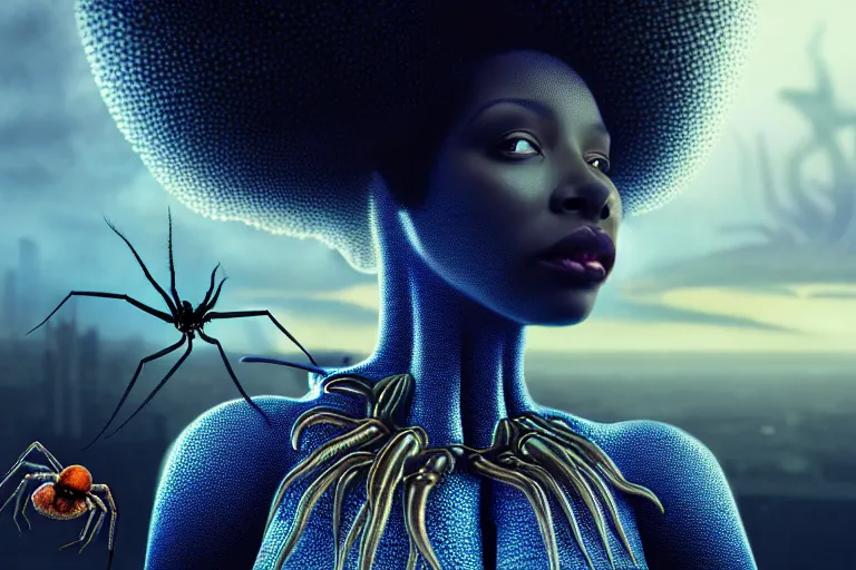 Image similar to realistic detailed photorealistic film portrait shot of a beautiful black woman with a giant spider, sci-fi city landscape background by Denis Villeneuve, Amano, Yves Tanguy, Alphonse Mucha, Ernst Haeckel, Andrei Tarkovsky, Edward Robert Hughes, Roger Dean, necklace, dynamic pose, rich moody colours, wide angle, blue eyes