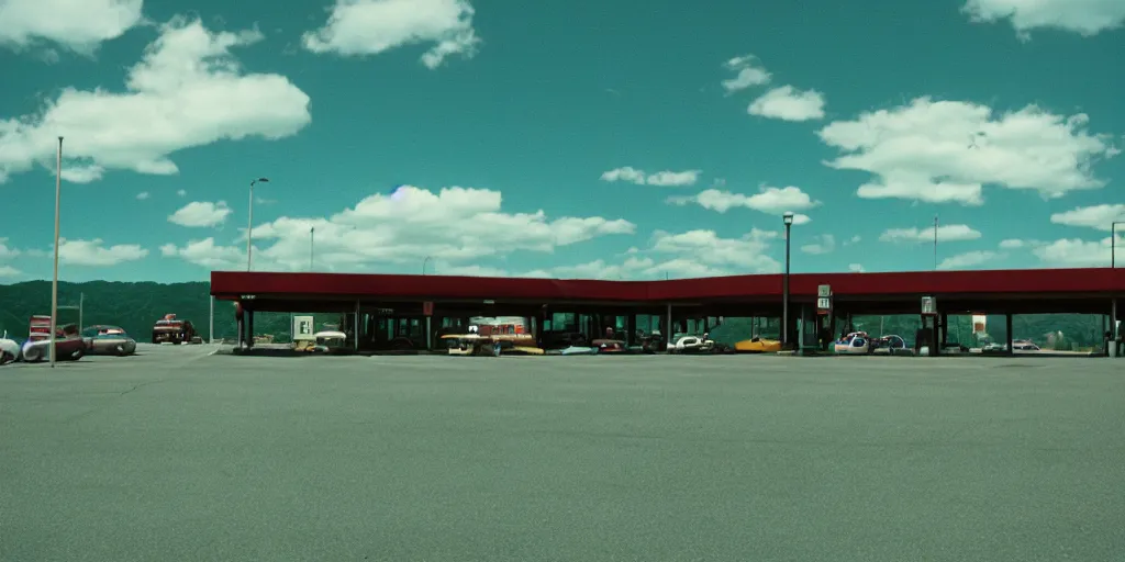 Image similar to port byron travel plaza, eerie vibe, leica, 2 4 mm lens, cinematic screenshot from the 2 0 0 1 surrealist film directed by charlie kaufman, kodak color film stock, f / 2 2, 2 4 mm wide angle anamorphic