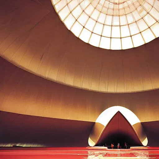 Image similar to interior of a futuristic lotus temple with gold, red and white marble panels, in the desert, by buckminster fuller and syd mead, intricate contemporary architecture, photo journalism, photography, cinematic, national geographic photoshoot