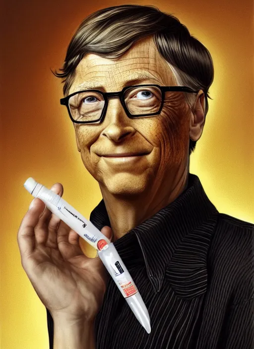 Image similar to bill gates as a reptiloid!!!, holding a syringe!!, portrait, intricate, elegant, highly detailed, digital painting, artstation, concept art, wallpaper, smooth, sharp focus, illustration, art by h. r. giger and artgerm and greg rutkowski and alphonse mucha