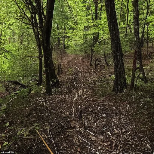 Image similar to you spot two dead horses spawled about fifty feet ahead of you, blocking the path. each has several black - feathered arrows sticking out of it. the woods press close to the trail here, with a steep embarkment and dense thickets on either side.