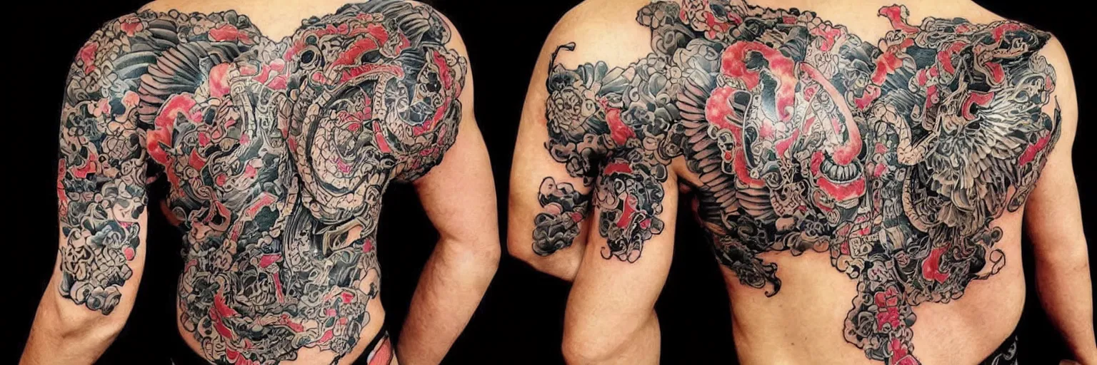 Image similar to intricate yakuza tattoos patterns , colorful draws on black background