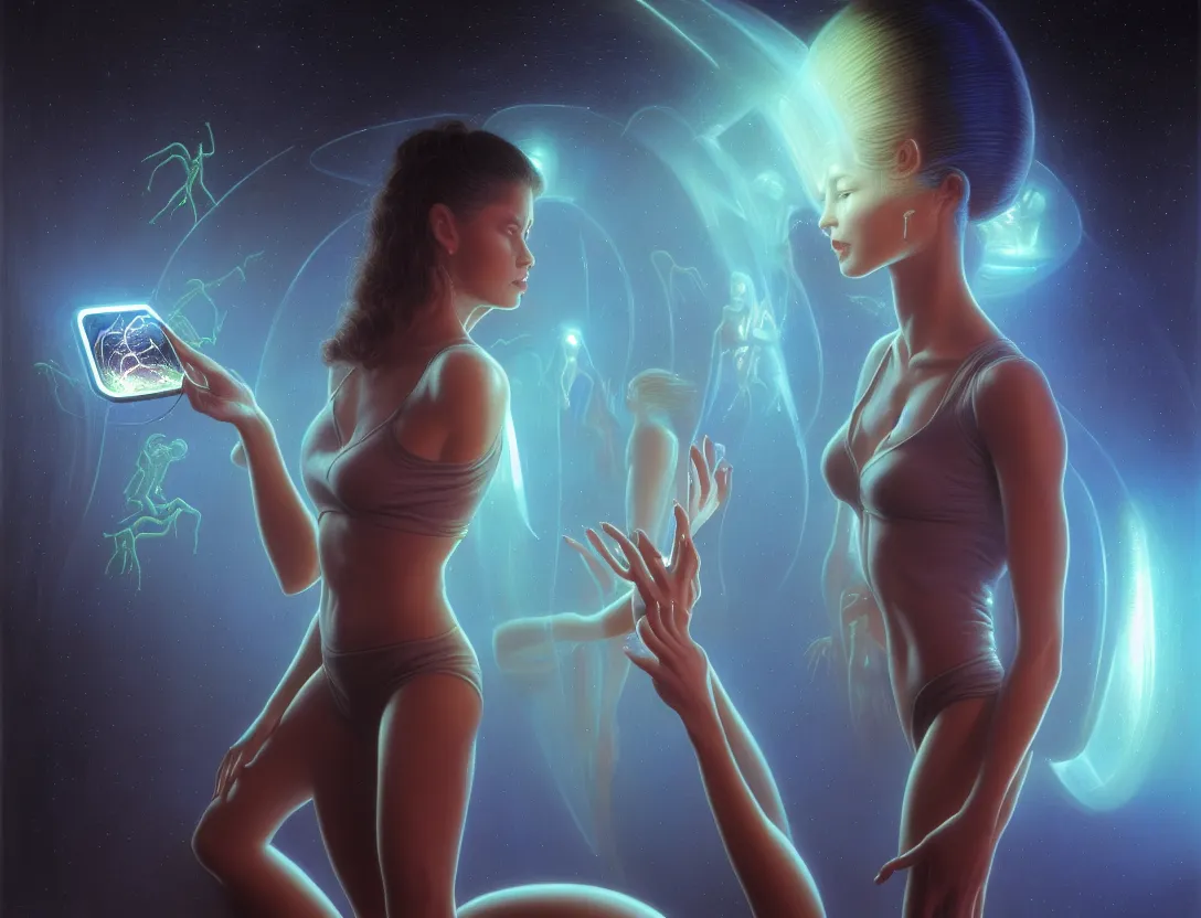 Image similar to beauty young woman admiring a small hologram with alien artifacts, electrical case display, 80s Aliens tech, ultrarealistic, dramatic lighting, electrical details, high details, 4k, 8k, best, accurate, trending on artstation, artstation, photorealism, ultrarealistic, digital painting, style of Wayne barlowe and Boris Vallejo and Peter Mohrbacher