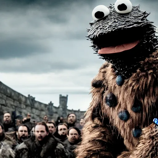 Prompt: cookie monster in game of thrones. sitting on the iron throne. looking evil.