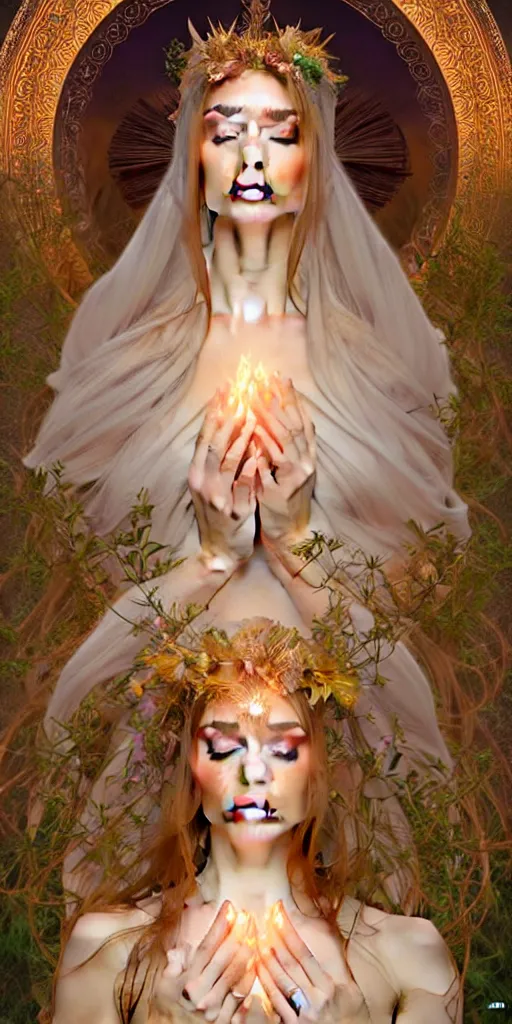 Prompt: fairy queen goddess feminine face meditation!! murky lighting, wind blowing, full body portrait, blessed by nature, physical mental perfection, symmetrical! intricate, sensual, highly detailed, biblical divine holy perfection!! digital painting, artstation, concept art, smooth, sharp focus, by artgerm and greg rutkowski and alphonse mucha