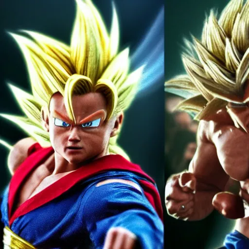 Image similar to Photo realistic live action Super Saiyan Leonardo Di Caprio vs Majin Bill Murray WWE takedown ray traced 8K anti-aliased highly detailed cinematic render award winning photography pay-per-view screen recording